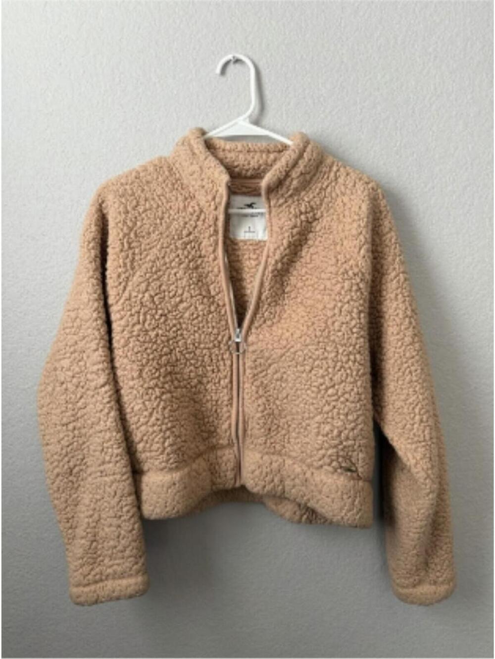 Hollister Women's Small Teddy Sherpa Jacket Fleece Tan Coat Full Zip Pockets